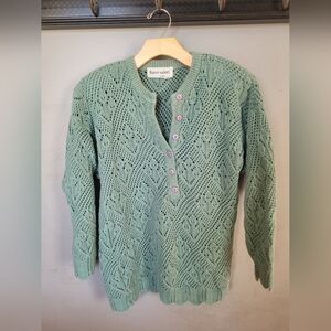 Vintage Franco Valeri Mint Green Grandma Core Sweater Scalloped Edges Crochet